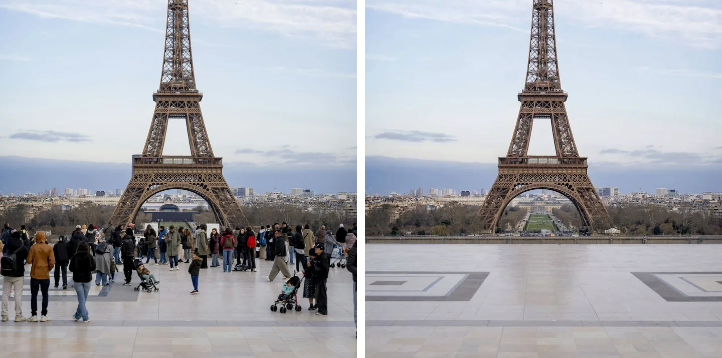 Turistas frente a la Torre Eiffel antes y después de quitarlos