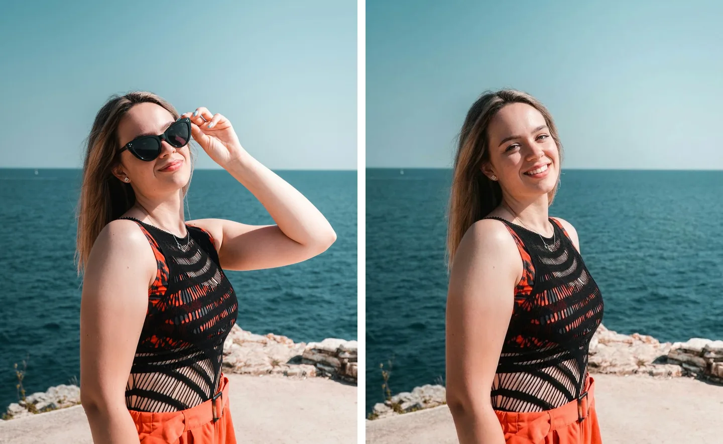 Retrato junto al mar antes y después de quitar las gafas de sol de la cara
