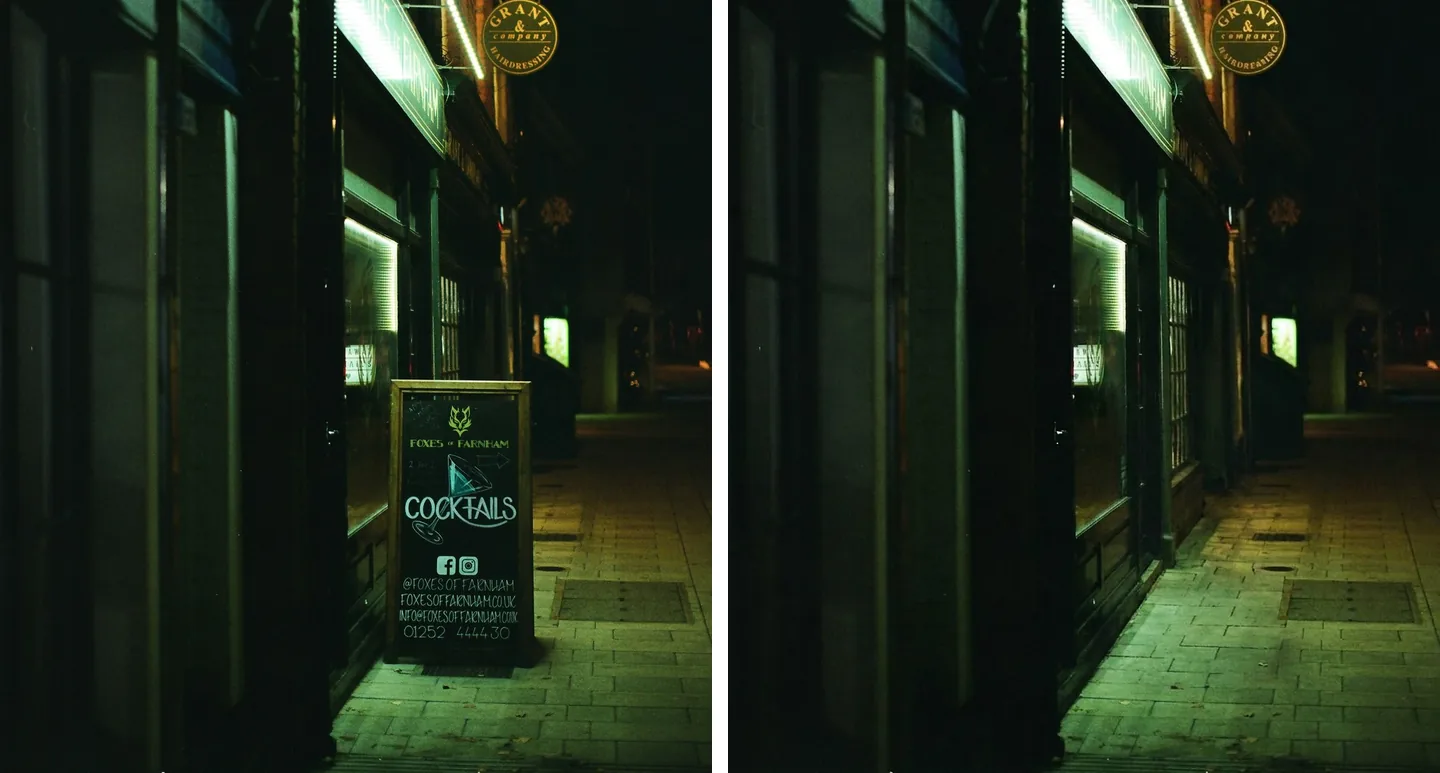 Fachada de una tienda antes y después de quitar el caballete de la acera